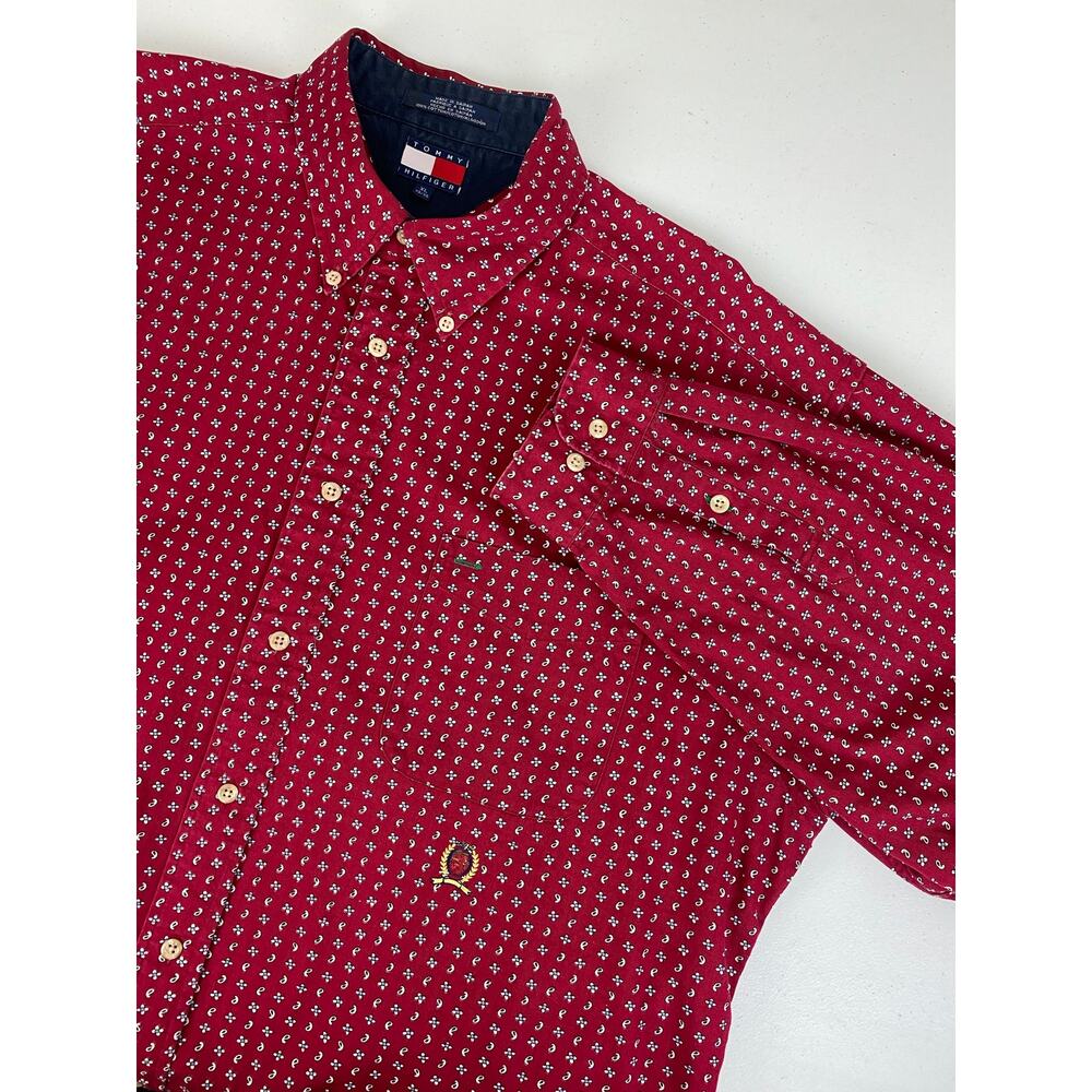 VTG 90s Tommy Hilfiger paisley floral crest logo button down dress shirt, XL